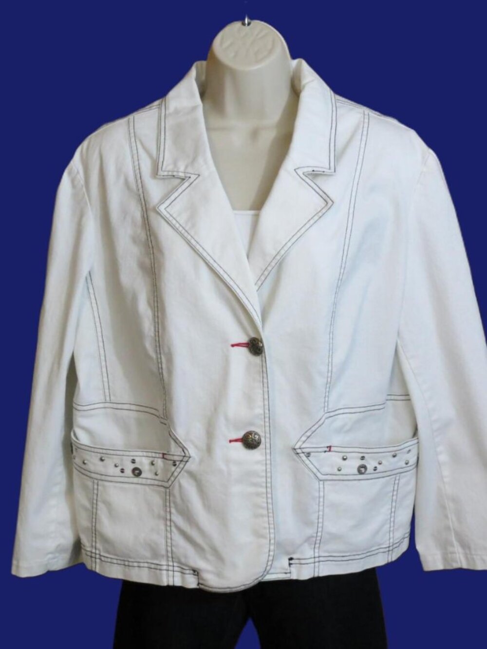 VTG City Girl (Nancy Bolen) White Blazer Denim Contrast Stitching Size XL